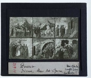 Duccio, Maestà, Rückseite: Begräbnis Christ und Kreuzabnahme (Siena Dommuseum),Duccio, Maestà, Rückseite: Der Weg nach Emmaus und Noli me tangere (Siena Dommuseum),Duccio, Maestà, Rückseite (Siena Dommuseum),Duccio, Maestà, Rückseite: Die Totenwache der drei Marien und Abstieg in die Hölle (Siena Dommuseum) : Rückseite, ober-linker Bereich