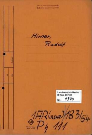 Personenheft Rudolf Hirner (*16.07.1903, + 10.06.1960)