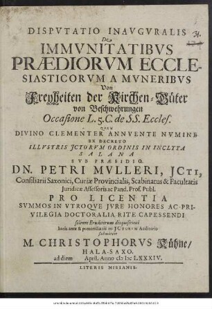Disputatio Inauguralis De Immunitatibus Praediorum Ecclesiasticorum A Muneribus : Occasione L. 5. C. de SS. Eccles.