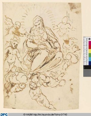 Maria mit dem Kind in den Wolken thronend, von Engeln umgeben