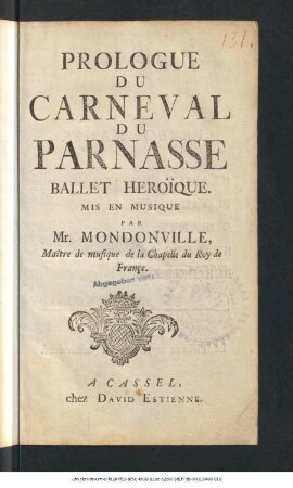 Prologue Du Carneval Du Parnasse : Ballet Héroique Mis En Musique