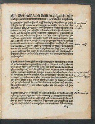 Ein Sermon von dem heyligen hochwirdigen sacrament der tauffe Doctoris Martini Luther Augustiner.