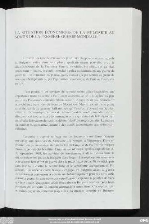 La Situation Économique De La Bulgarie Au Sortir De La Première Guerre Mondiale