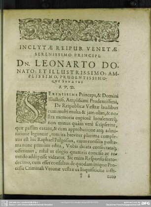 Inclytae Reipub. Venetae Serenissimo Principi, Dn. Leonarto Donato: Et Illustrissimo: Amplissimo, Prudentissimoque Senatui