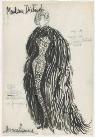 Marlene Dietrich - Ein bodenlanges, schmales, gemustertes Kleid oder Trikot mit Umhang aus Federn (Archivtitel)