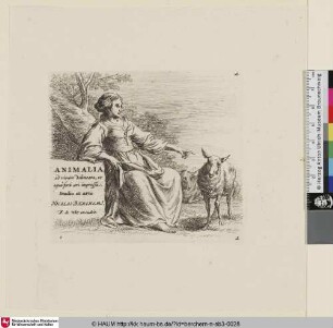 ANIMALIA, Titelblatt [Hirtin mit einem Schaf; The Shepherdess and the Sheep; [...] un bergère vue de profil et dirigée vers la droite [...]]