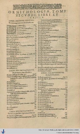 Ornithologiae, Tomi Secvndi, Libri Et Capita.