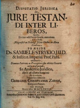 Disputatio Iuridica De Iure Testandi Inter Liberos