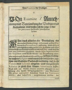 II. Von Examine/ Annehmung und Beurlaubung der Prediger und Kirchendiener: ...