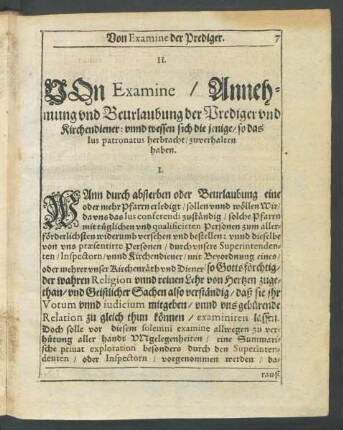 II. Von Examine/ Annehmung und Beurlaubung der Prediger und Kirchendiener: ...