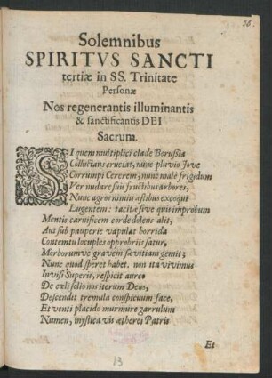 Solemnibus Spiritus Sancti tertiae in SS. Trinitate Personae Nos regenerantis illuminantis & sanctificantis Dei Sacrum