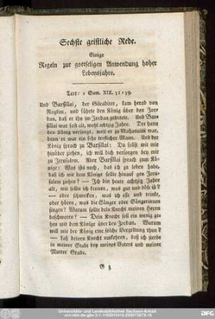 Sechste geistliche Rede. Einige Regeln zur gottseligen Anwendung hoher Lebensjahre.