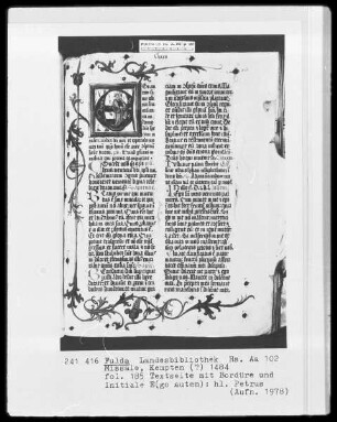 Missale — Initiale E (go autem), darin Sankt Peter, Folio 185recto