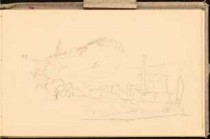 Skizzenbuch 1898-99: Industrieanlage und Stadt an einem Hügel mit Burganlage, perspektivische Ansicht