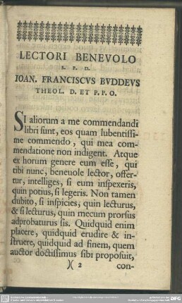 Lectori Benevolo S. P. D. Ioan. Franciscus Buddeus Theol. D. Et P. P. O.