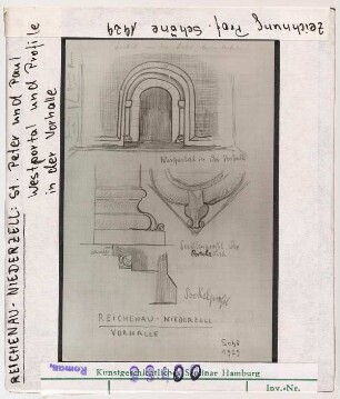 Reichenau, Niederzell: St. Peter und Paul, Westportal und Profile in der Vorhalle. Zeichnung Wolfgang Schöne 1929