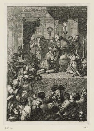 Krönung Charles VII in der Kathedrale von Reims, aus: Jean Chapelain, "La Pucelle ou La France delivrée, poëme héroïque", Paris 1656