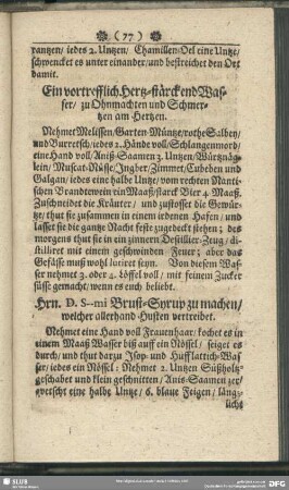 Ein vortrefflich Hertz-stärckend Wasser, zu Ohnmachten und Schmertzen am Hertzen