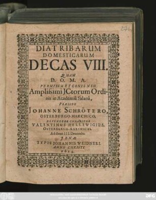 Diatribarum Domesticarum Decas VIII.