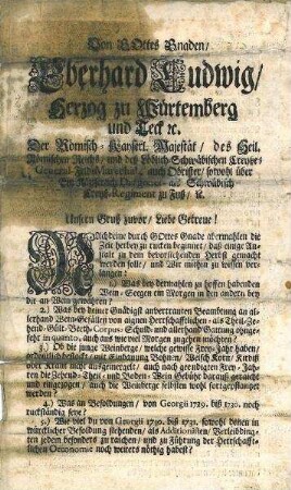 Dekret von Herzog Eberhard Ludwig an seine Amtleute über Weinvorräte, Ernte und Herbstbeginn zu berichten