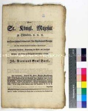 Patent von Gustav IV. Adolf König von Schweden betreffend die Einsendung von Prozesslisten an das Königliche Obersachwalteramt