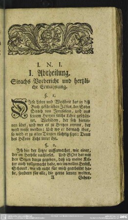 I. Abtheilung. Sirachs Vorbericht und hertzliche Ermahnung