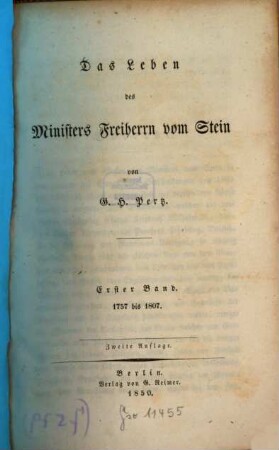Das Leben des Ministers Freiherrn vom Stein, 1. 1757 bis 1807