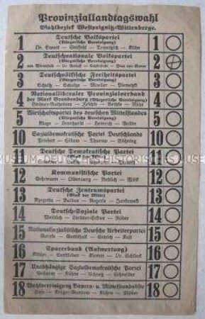 Stimmzettel einer Landtagswahl in der preußischen Provinz Sachsen für den Wahlbezirk Westprignitz-Wittenberg