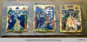 Drei Emailplatten mit Szenen aus dem Leben Christi: Die Darstellung im Tempel, die Auferweckung des Lazarus und Pfingsten