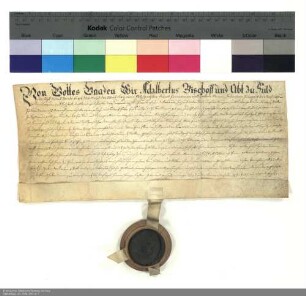 Lehenbrief Adalberts [von Walderdorff], Bischof und Abt von Fulda, für Lorenz Müller über ein Burggut und mehrere im Einzelnen aufgeführte Güter in und bei Bad Brückenau