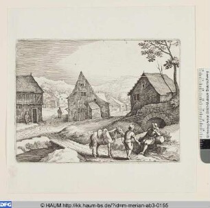 Bauerndorf mit Bächlein, das aus Tunnel fließt