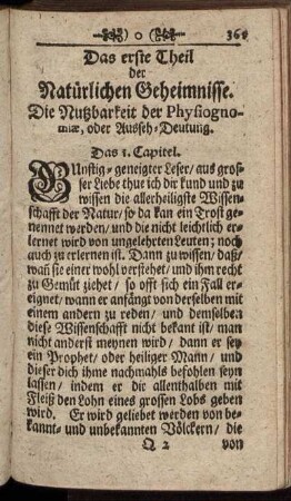 Das erste Theil der Natürlichen Geheimnisse. Die Nutzbarkeit der Physiognomiæ, oder Ausseh-Deutung.