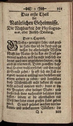 Das erste Theil der Natürlichen Geheimnisse. Die Nutzbarkeit der Physiognomiæ, oder Ausseh-Deutung.