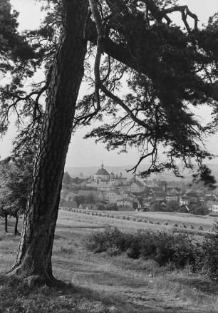 Polen. Schlesien. Albendorf. Blick zum Ort und Wallfahrtskirche