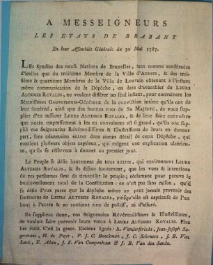 A Messeigneurs Les Etats De Brabant En leur Assemblée Générale du 30 Mai 1787.