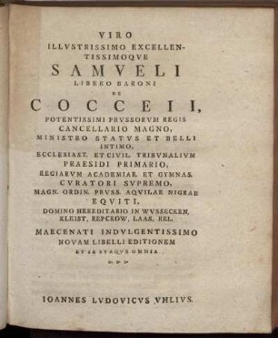 Viro Illustrissimo Excellentissimo Samueli Libro Baroni De Cocceii.