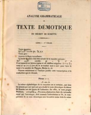 Analyse Grammaticale du Texte Démotique du décret de Rosette. 1,1