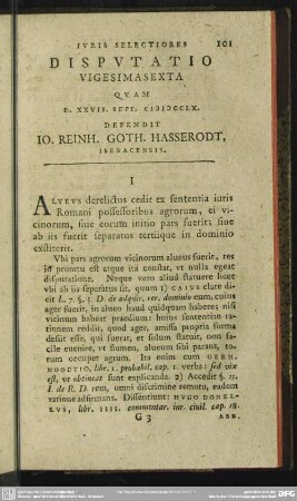 Disputatio Vigesimasexta Quam D. XXVII. Sept. MDCCLX. Defendit Io. Reinh. Goth. Hasserodt, Isenacensis
