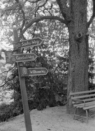 Tharandt. Forstbotanischer Garten, Wegweiser am Eingang : Tharandt. Forstbotanischer Garten (Gründung 1811; J. A. Reum). Wegweiser am Eingang