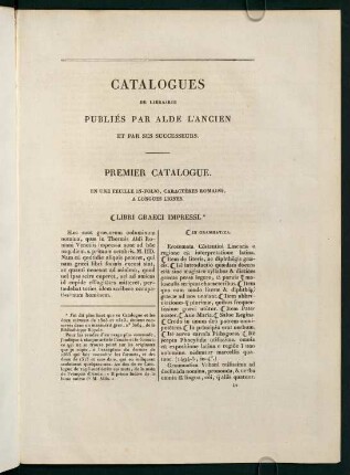Catalogues de librairie publiés par alde l'ancien et par ses successeurs.