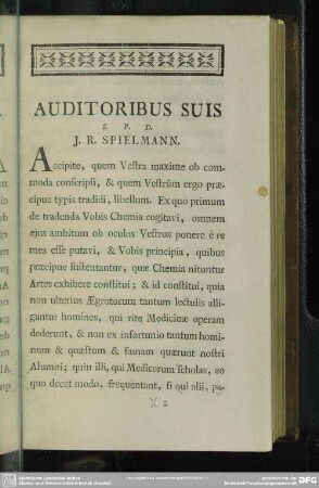Auditoribus Suis S. P. D. J. R. Spielmann