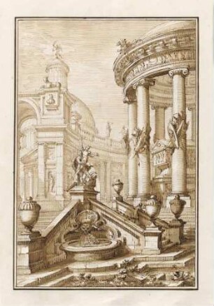 Architekturphantasie mit Freitreppe zwischen Kolonnaden und Statue des Raubs der Proserpina, aus den "Disegni di Prospettiva Ideale", Bl. 21