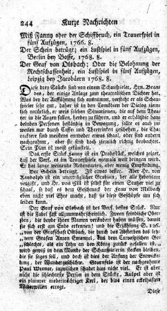 Miß Fanny oder der Schiffbruch. - Der Graf von Olsbach.