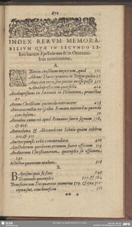 Index Rerum Memorabilium Quae In Secundo Libro harum Epistolarum & in Orationibus continentur
