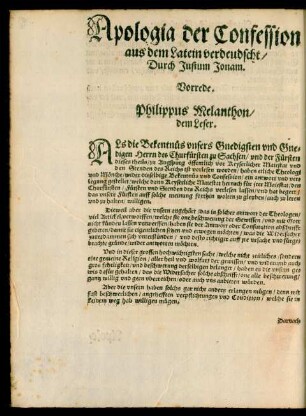 Apologia der Confession/ aus dem Latein verdeudscht/ durch Justum Jonam.