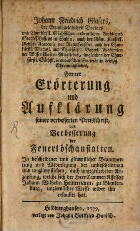 Fernere Erörterung ... von Verbesserung der Feuer-Löschanstalten