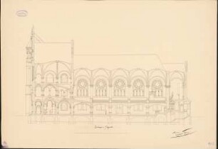 Synagoge, Berlin Monatskonkurrenz Oktober 1888 (wahrscheinlich Originalzeichnung): Längsschnitt 1:100