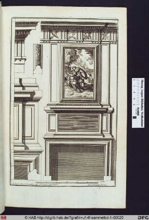 Entwurf für einen Kamin über dem sich ein Gemälde mit einer mthologischen Szene befindet; links einige Architektonische Versatzstücke.