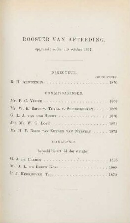 Rooster van aftreding opgemaakt onder ult° october 1867