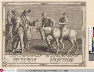 [Der Junge sitzt auf dem Esel, der Vater geht nebenher; The boy sits on the donkey, the father goes alongside]